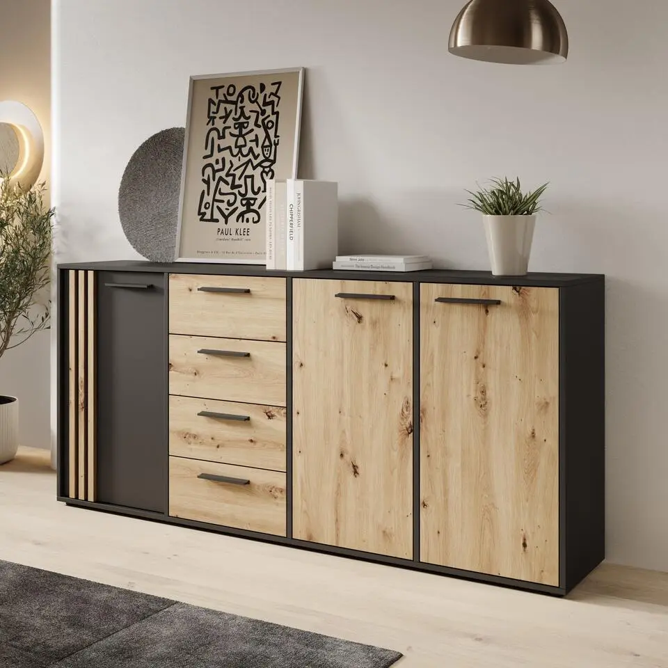 Meubella - Clover - Dressoir - Eiken/Zwart - 179x34x82 cm