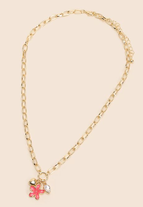 Womens Gold Pink Flower Charm Necklace