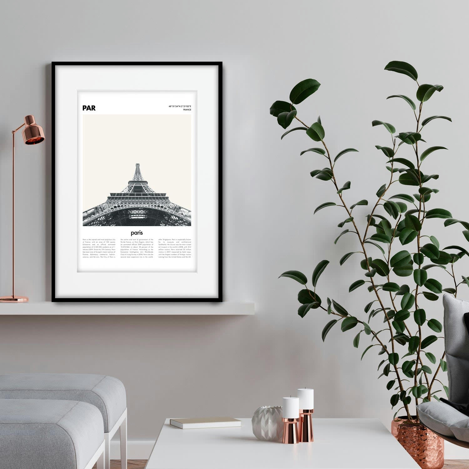 CIUDADES - Affiche avec cadre noir - Description Paris - 30x40