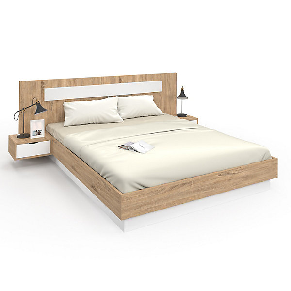 Lit double SANTA avec tête de lit   tables de chevet intégrées et sommier 160 x 200 cm bois et blanc