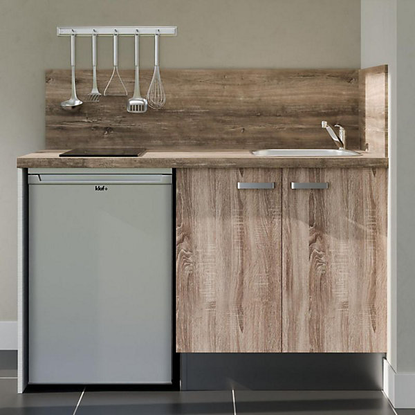 Kitchenette K17 façades Bois - Plan de travail Bois - Crédences : Oui - Evier inox - Electroménager Inox inclus