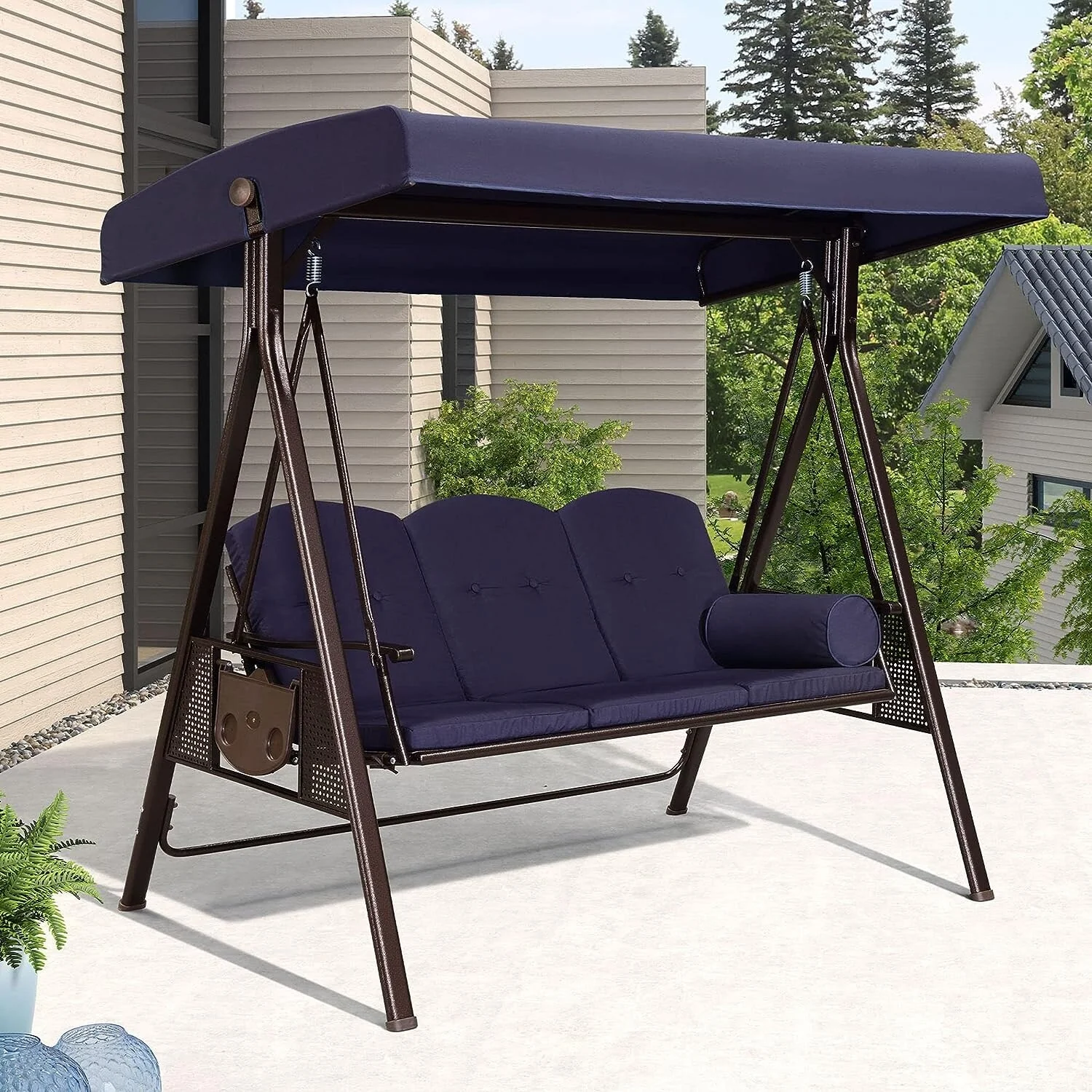 PURPLE LEAF Outdoor Patio Porch Swing with Canopy and Side Tables
