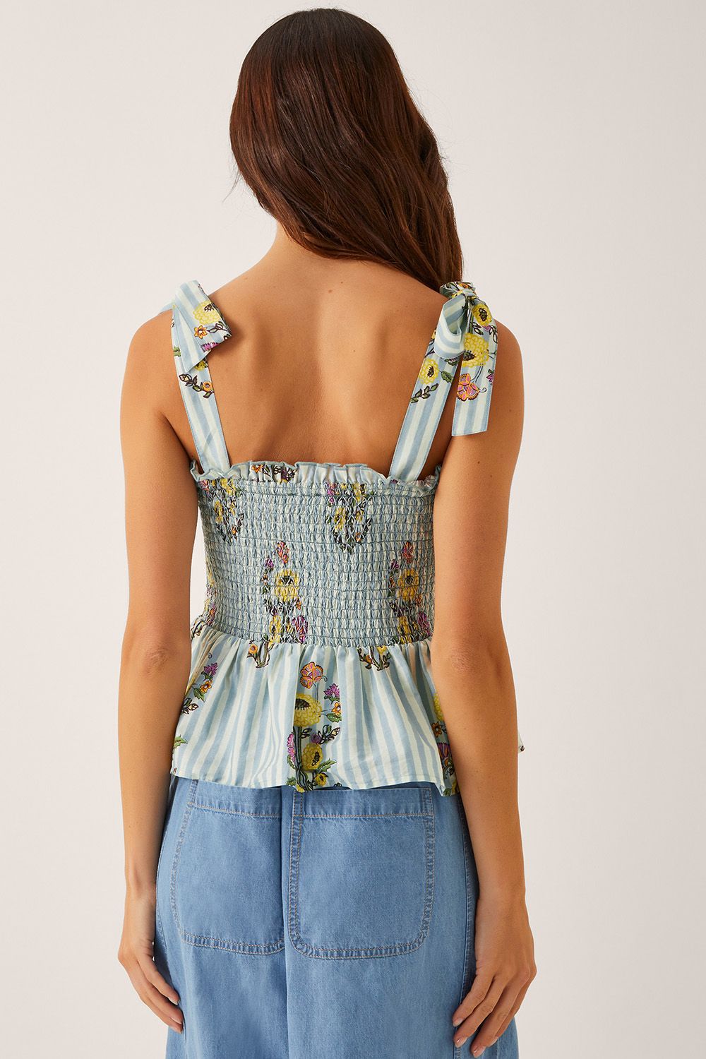 Monsoon Lucille Floral Stripe Smocked Top Blue