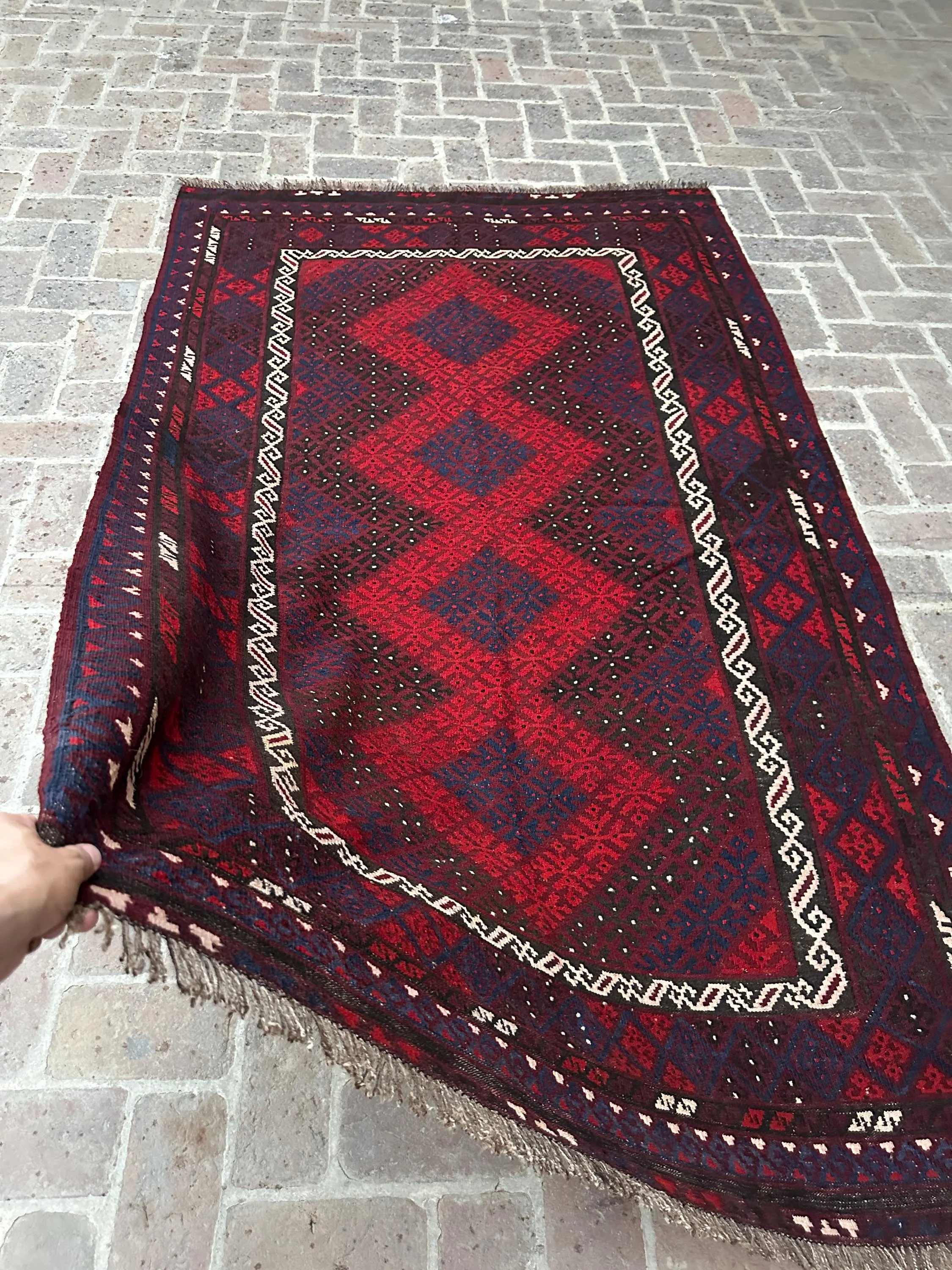 5x9 Vintage Afghan Galmori Kilim Rug, Red Blue Black Tribal Wool Flatweave Handmade Geometric Carpet, Boho Living Room Bedroom Dining Decor