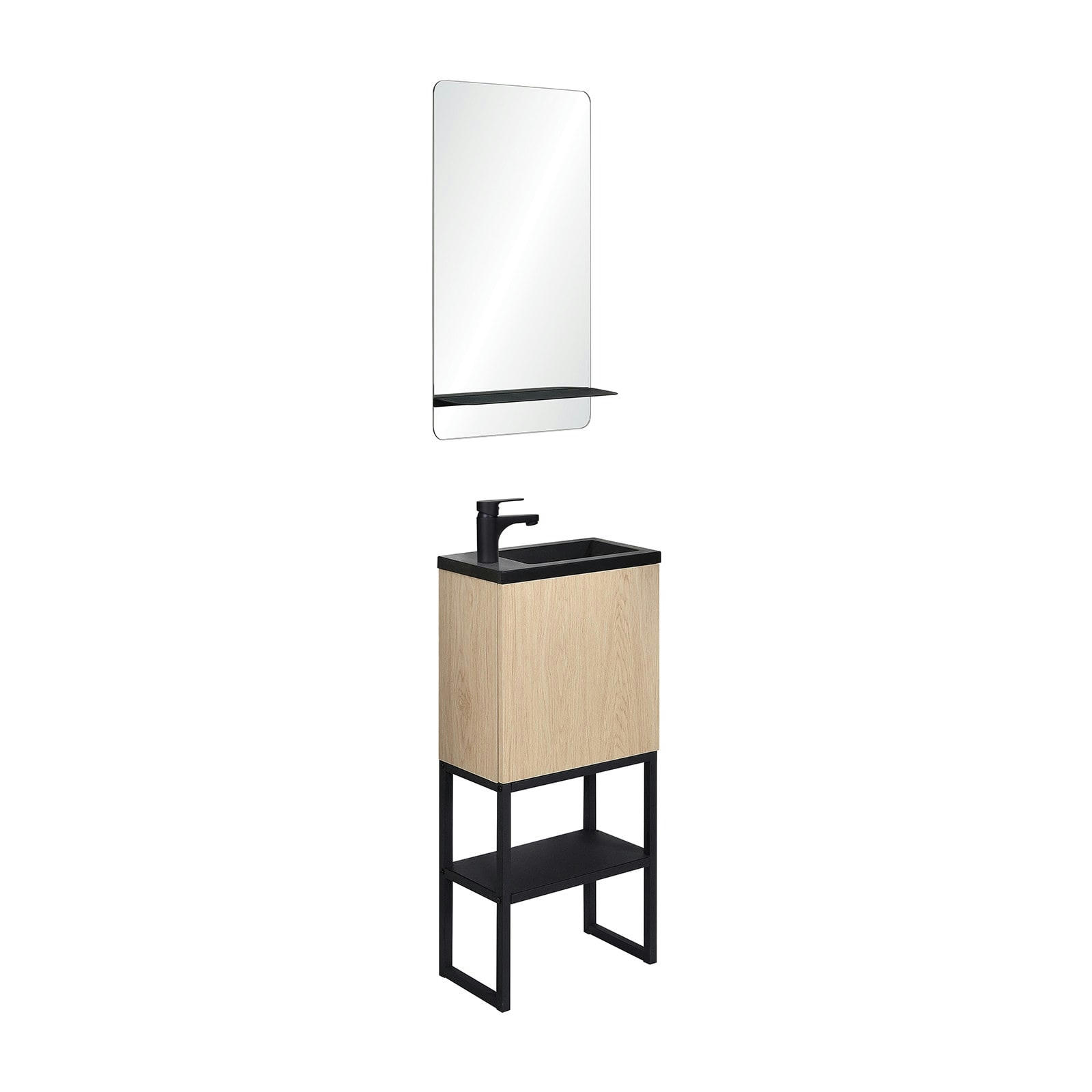 NOVA - Meuble lave-mains  décor chêne sur pieds + robinet noir + miroir