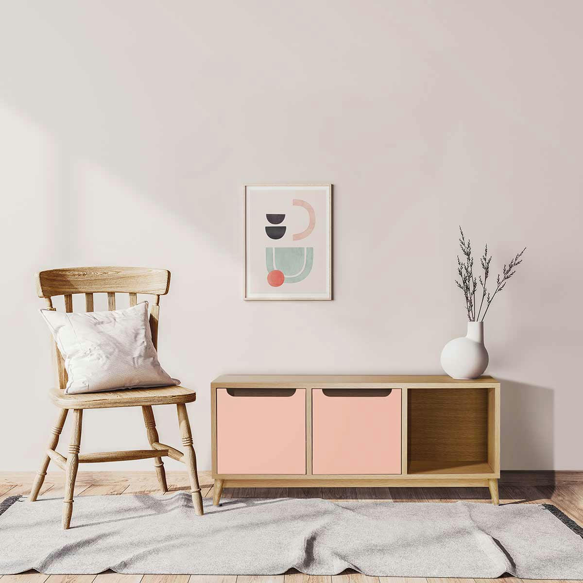 KILT - Meuble bas, 2 portes, 1 niche de rangement, chêne et rose.