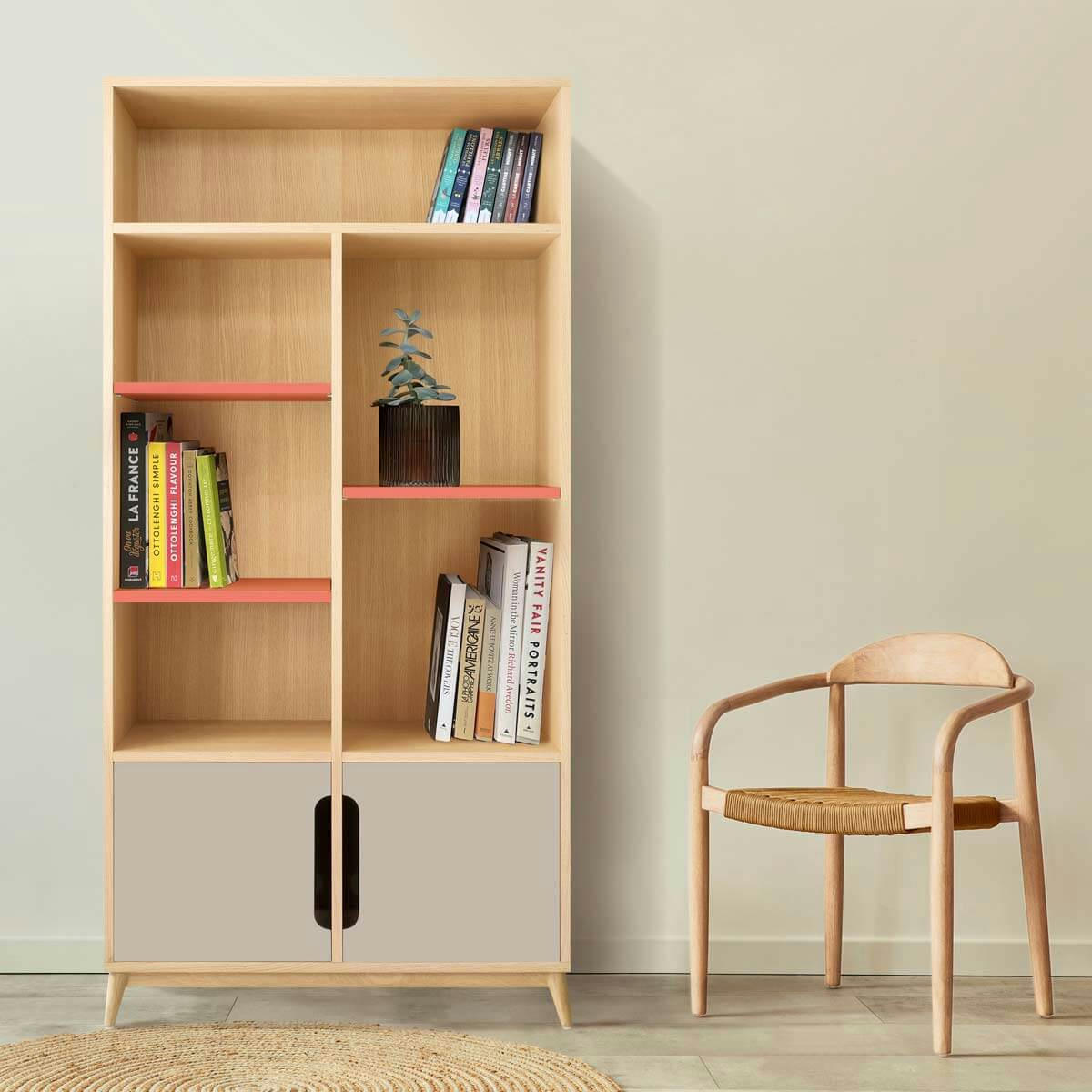 BOOK - Bibliotheque peu profonde bicolore beige/ corail, 2 portes- 175*86*40.