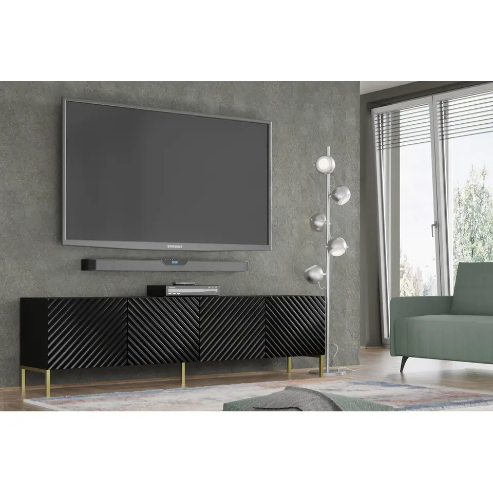SURF TV-meubel 4D 200 cm hoogglans zwart gouden frame