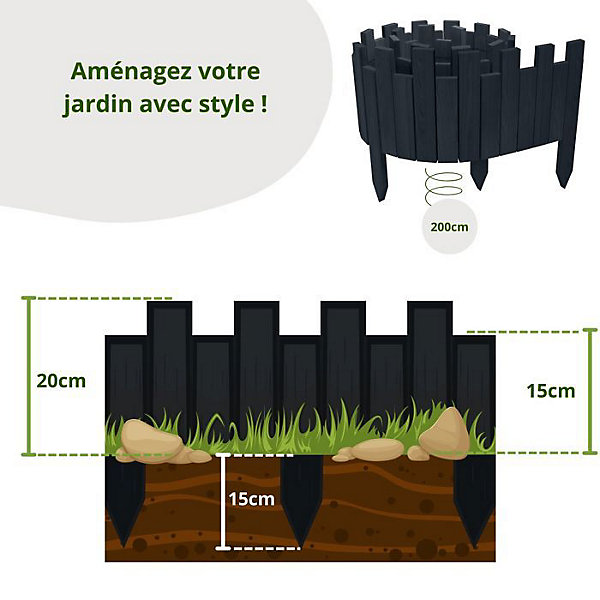 Bordure de jardin - Floranica - Anthracite - Bois de pin - 200 cm x 15 cm
