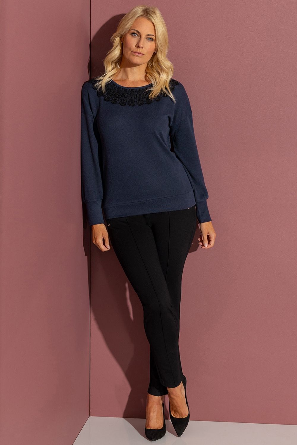 Klass. Long Sleeved Crochet Detail Jersey Top