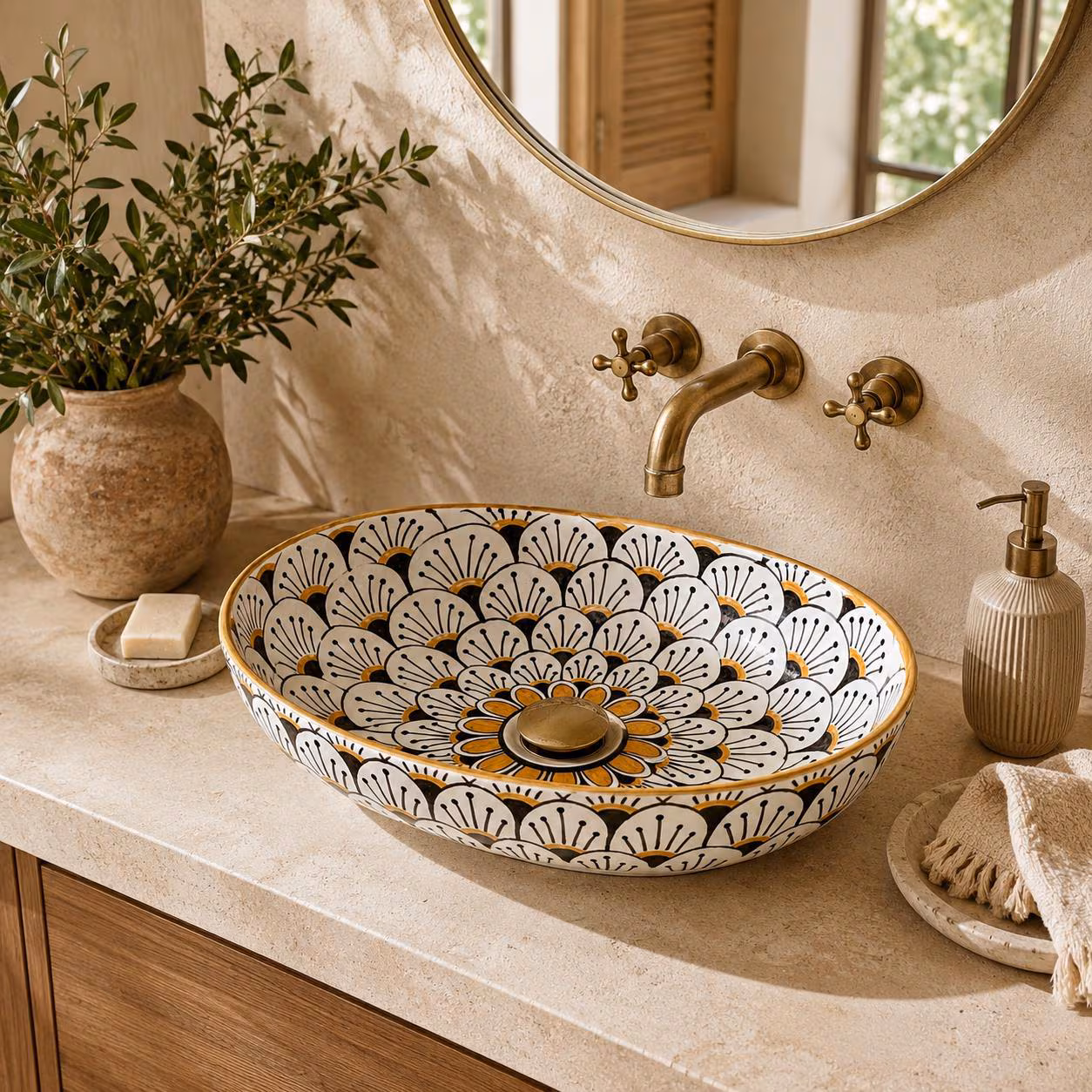 Handmade Oval Moroccan Ceramic Vessel Sink, Black White Gold Bathroom Vanity Basin Bowl
