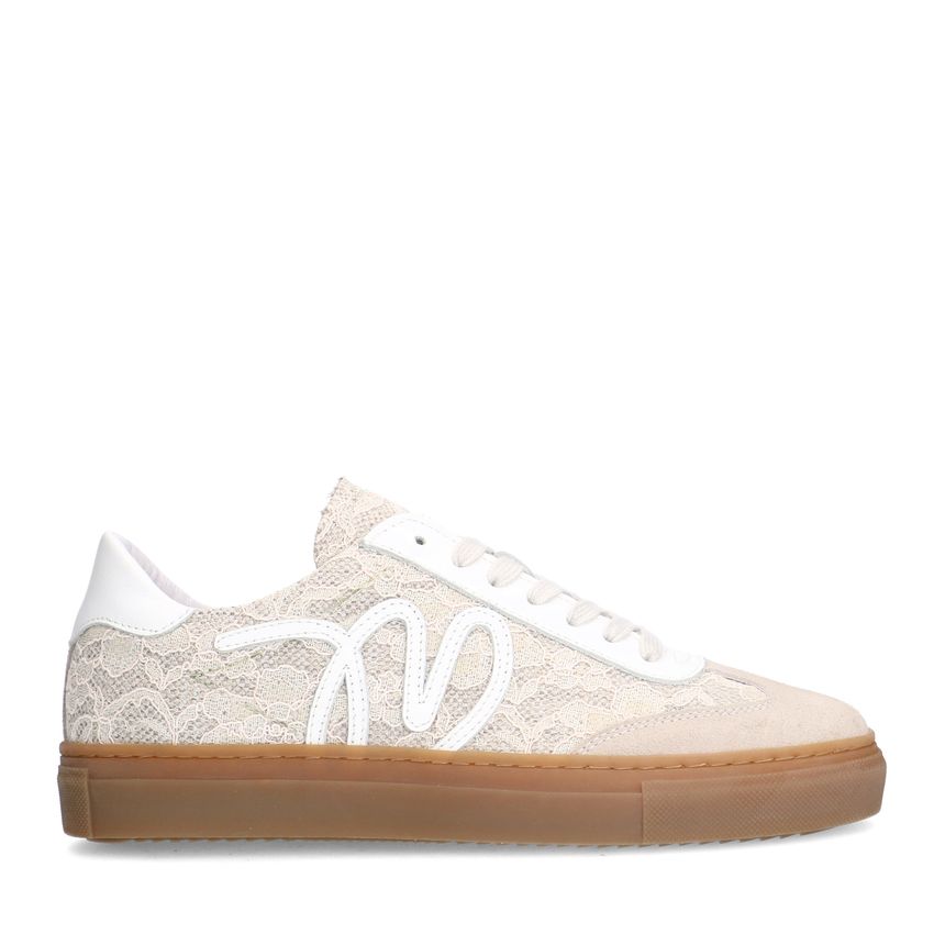 Manfield Beige leren sneakers met kanten details