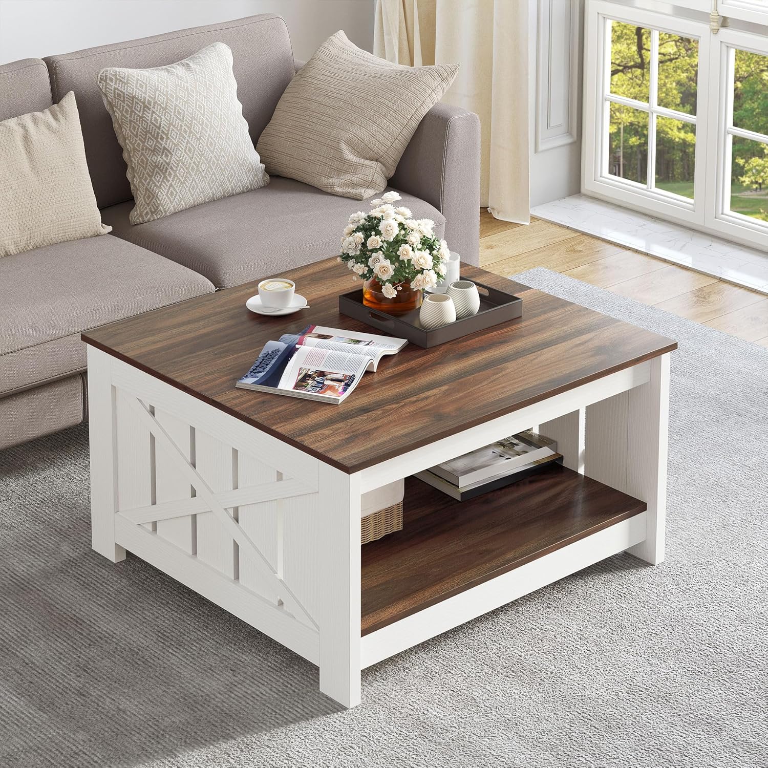 Coffee Table Farmhouse Coffee Table with Storage Rustic Wood Cocktail Table, Square Coffee Tables for Living Meeting Room with Half Open Storage Compartment, Brown with White