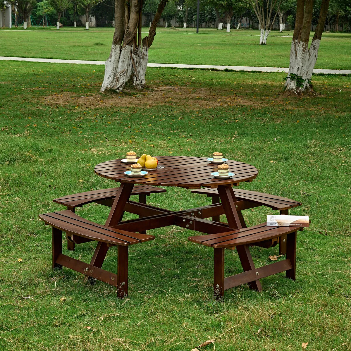 Outdoor 8 Person Picnic Table,8 person Round Picnic Table with 4 Built-in Benches,Umbrella Hole,Outside Table and Bench Set