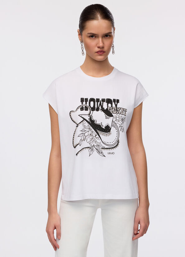 T-shirt con stampa e strass