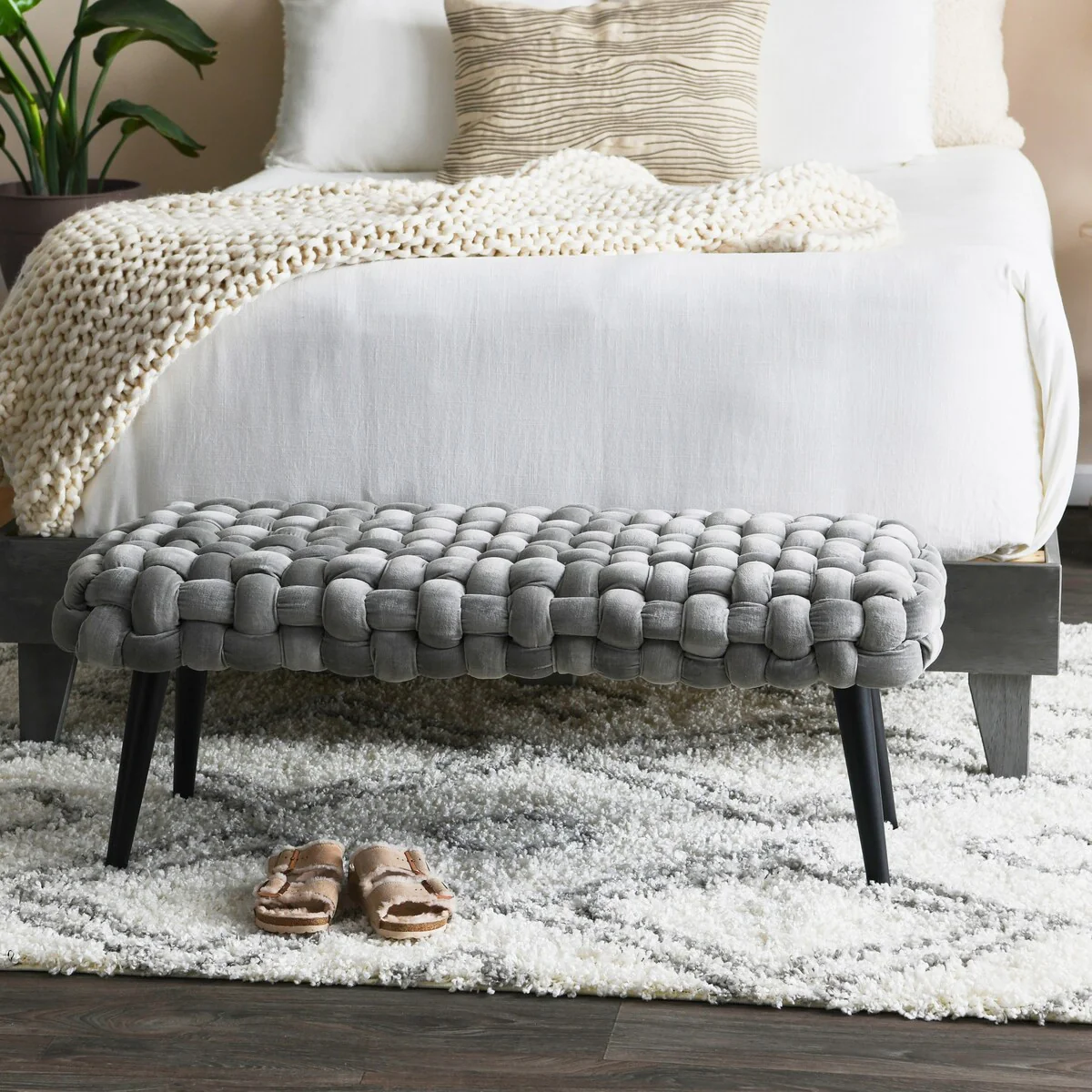 Chunky Woven Velvet Entryway Bench with Wood Legs
