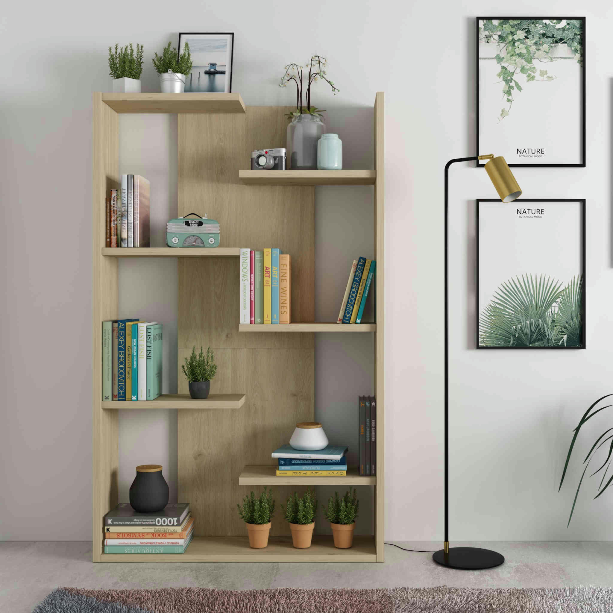 - Bibliothèque 7 étagères 7 cases bois clair