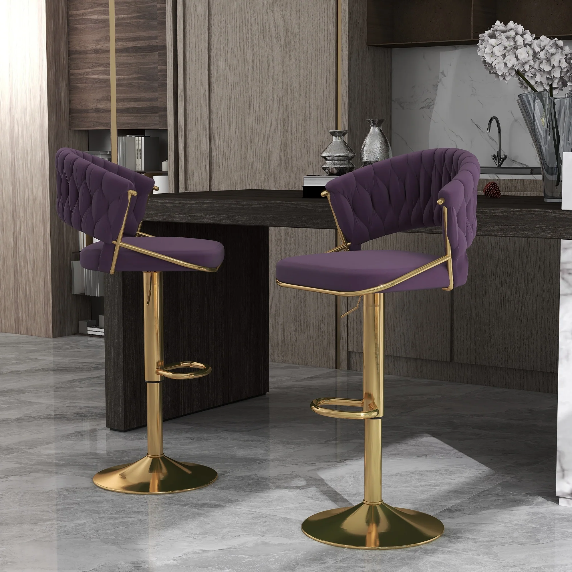 Set of 2 Modern Velvet Adjustable Bar Stools with Backs