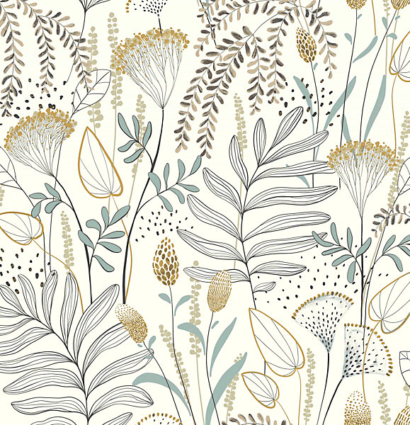 Papier peint vinyle intissé fleuri bleu, jaune ocre L.1001 x l.53cm Rasch, Angélique