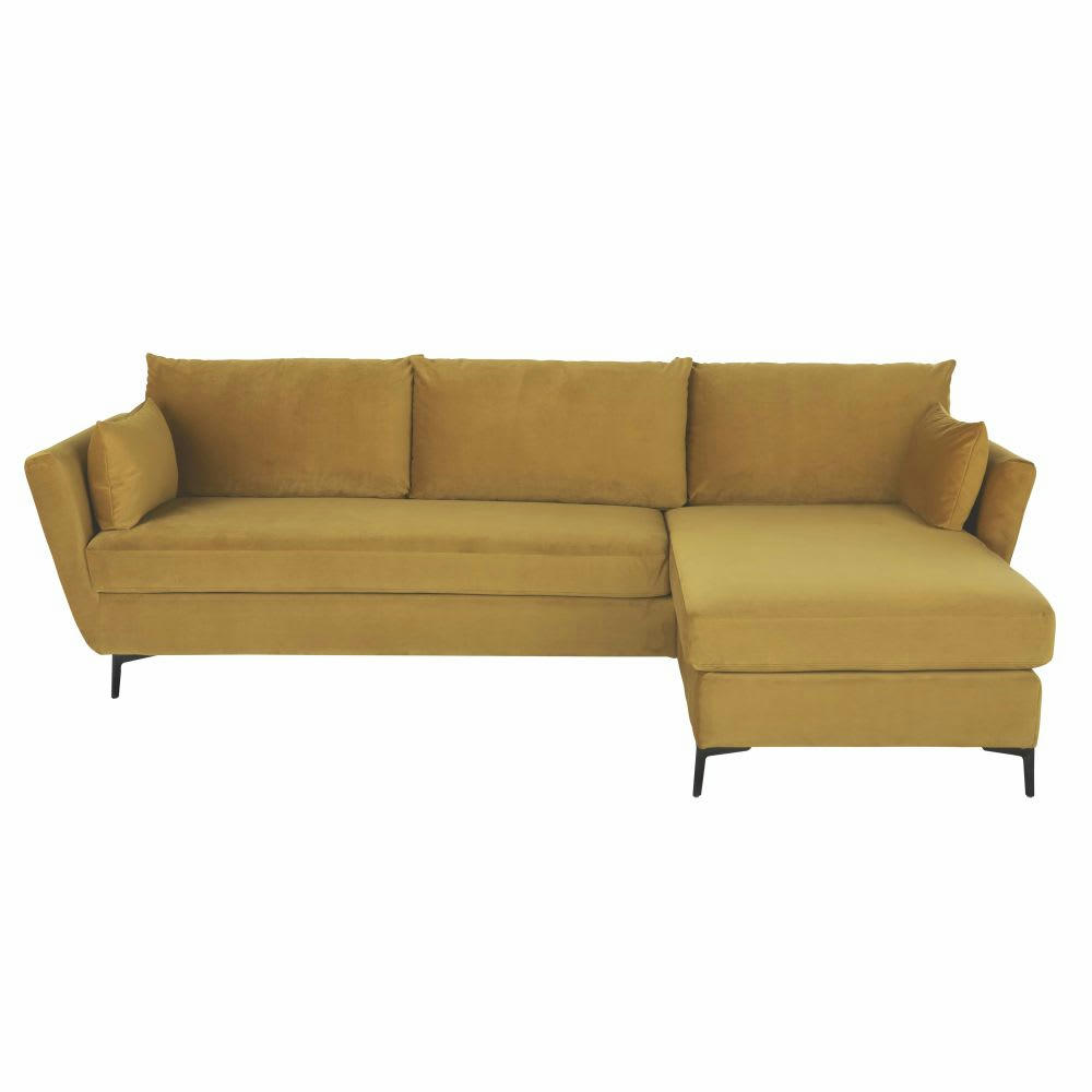 Prague - Canapé d'angle droit convertible 2/3 places en velours jaune moutarde, matelas 10 cm