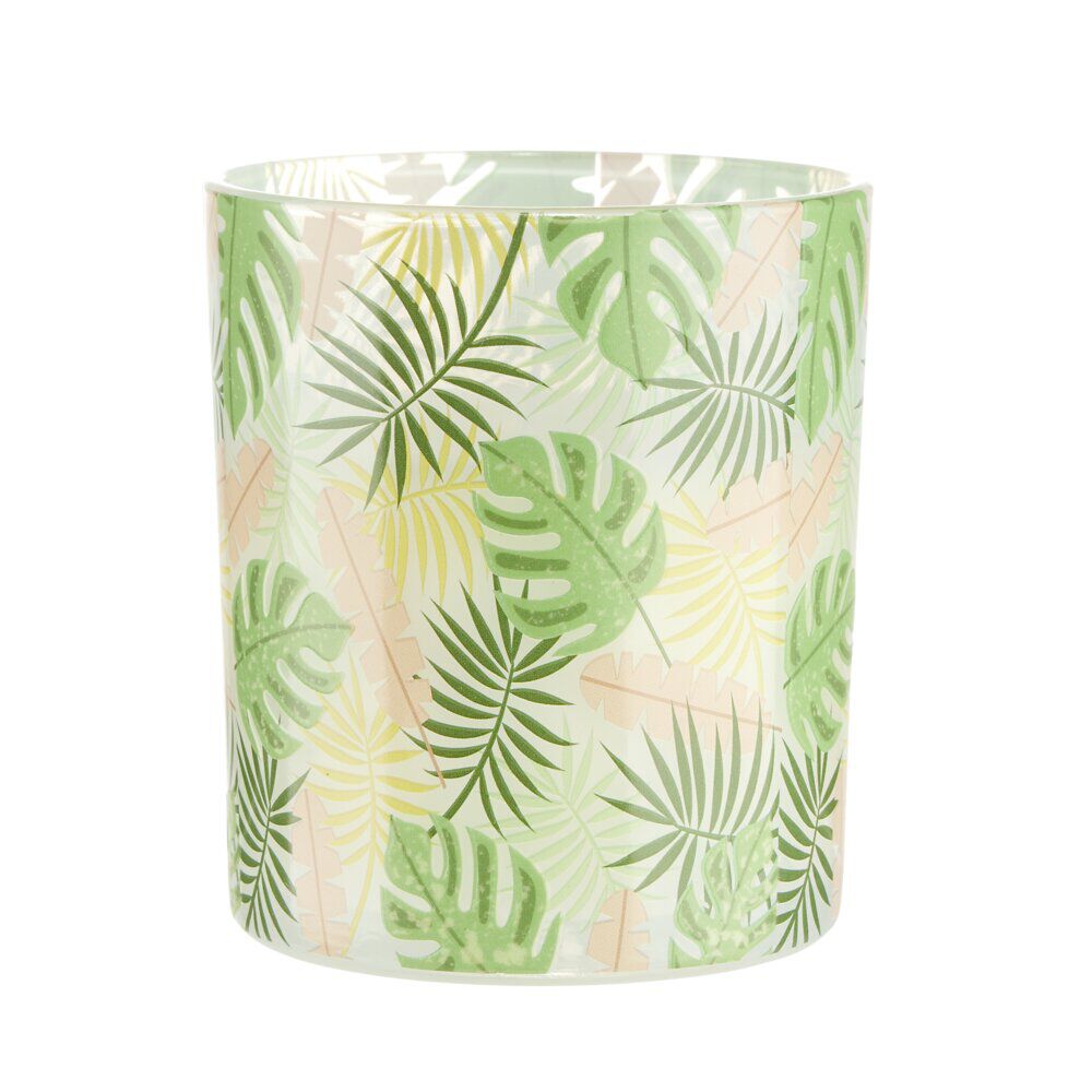 Bougie parfumée dans pot verre feuillage phosphorescent Ø8,5xH10cm (3modèles)