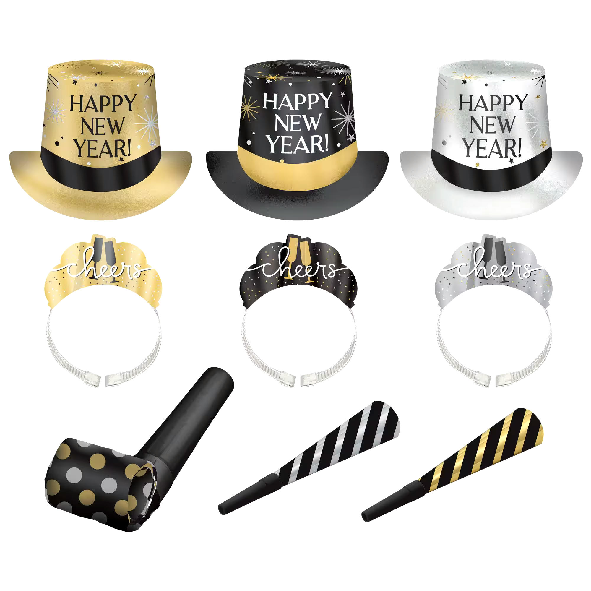 Party Kit with Hats, Tiaras, Blowouts & Noise Makers, Black/Gold/Silver, 10 Person Pack, for New Year's Eve