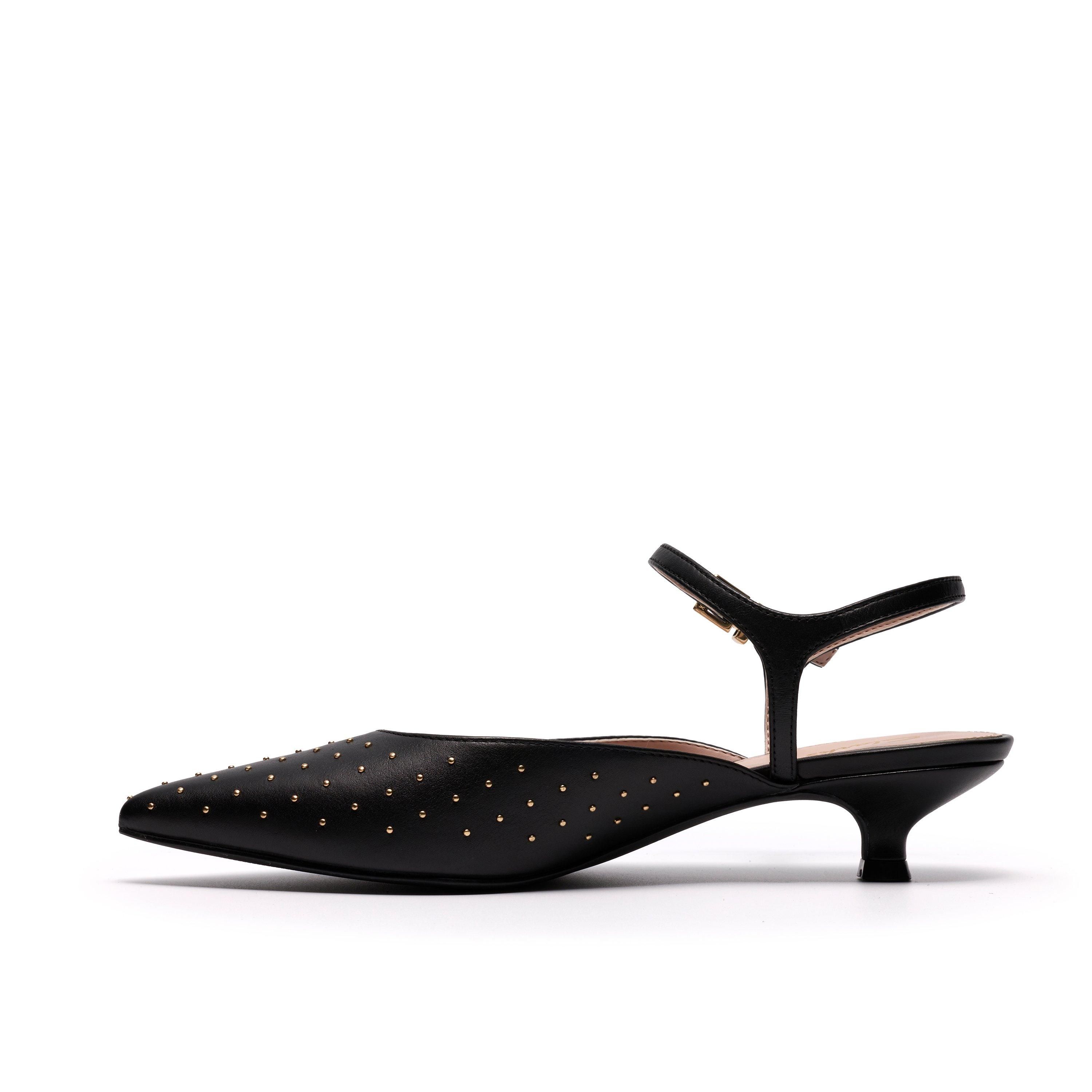 Clarks Pisa Stud Black Leather Court Shoes,Sling Back