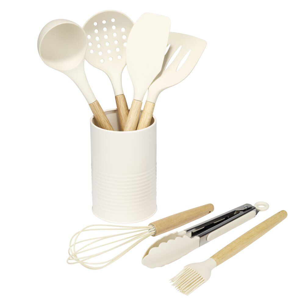Ustensile de cuisine x7 silicone et bois avec pot beige Ø12xH35cm