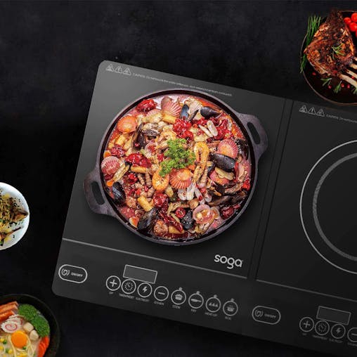 SOGA Dual Burners Cooktop Stove 30cm Cast Iron Frying Pan Skillet and 28cm Induction Casserole