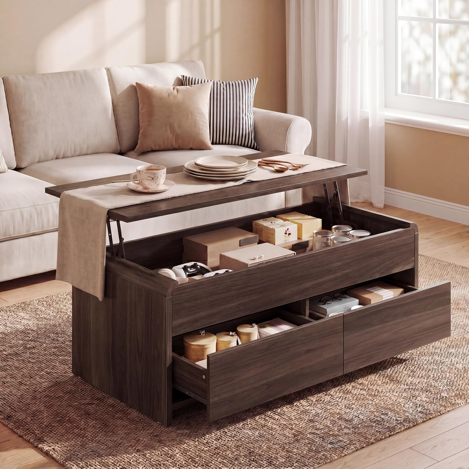 Coffee Table Lift Top with 2 Drawers, 40 Inch Multi-Function Coffee Table with Hidden Compartment, Curved Profile Design, Converts to Home Office Table for Living Room, Walnut