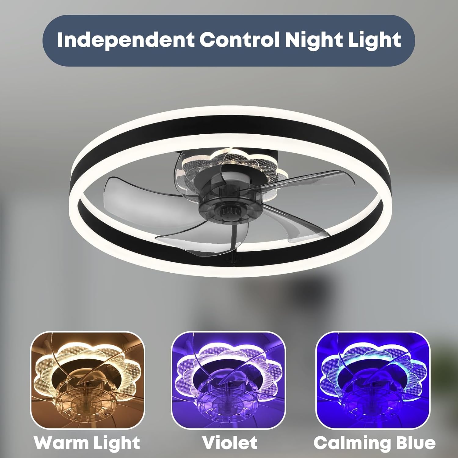 Fszdorj 23.6'' Ceiling Fan with Light, Upgraded Low Profile Fan, Flush Mount Ceiling Fan, 6 Speeds, Dimmable LED, App & Remote Control, Quiet DC Motor, for Bedroom, Living Room, F105 Black