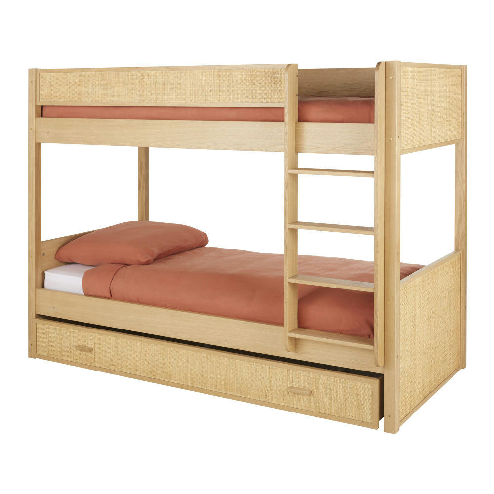 Malaga - Lit superposé avec tiroir de lit en rotin tressé 90x190