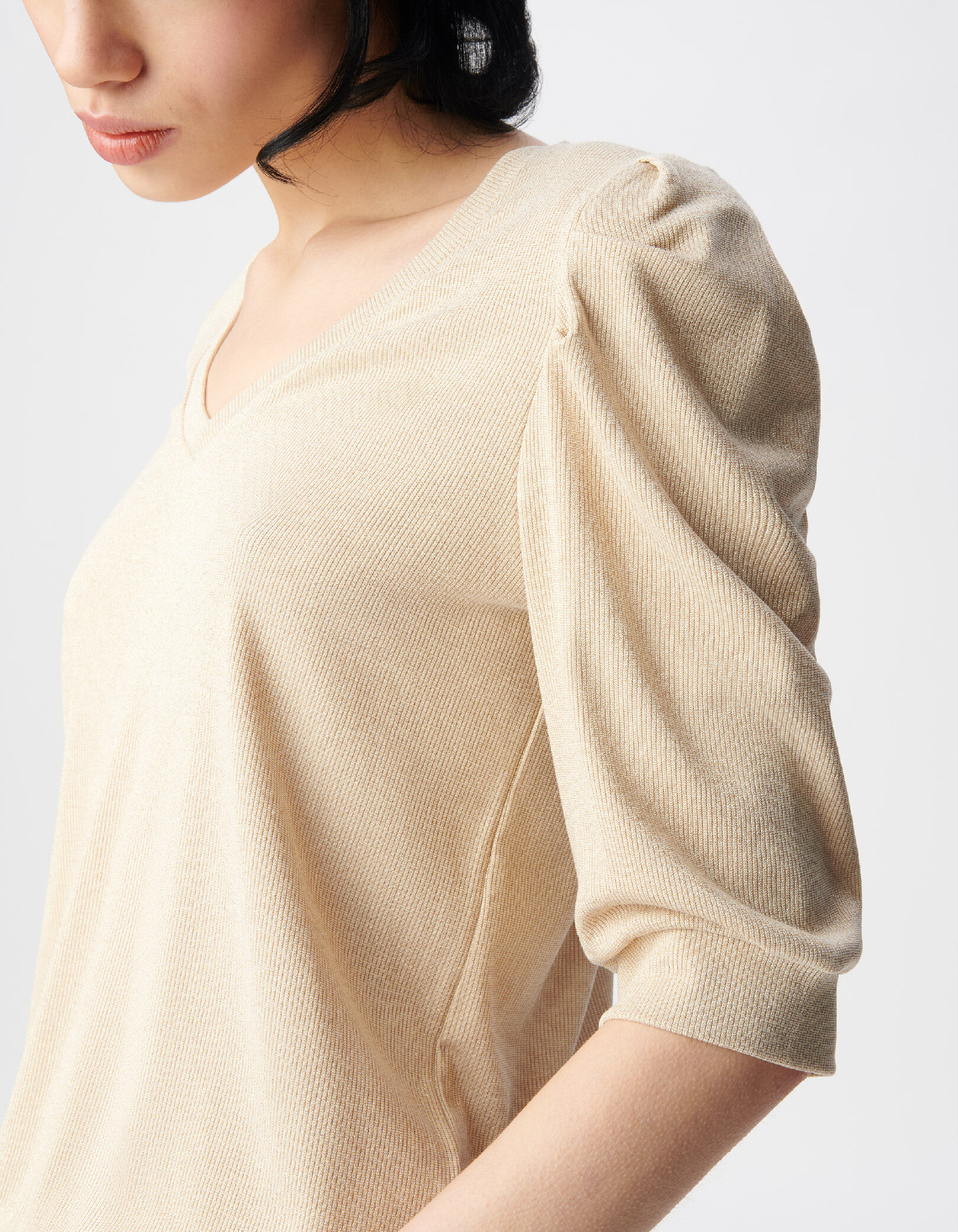 Tee-shirt col V argenté maille côtelée à épaulettes Femme