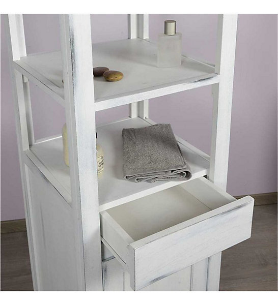 Colonne de rangement salle de bain sur pied en bois blanc - teck blanchi