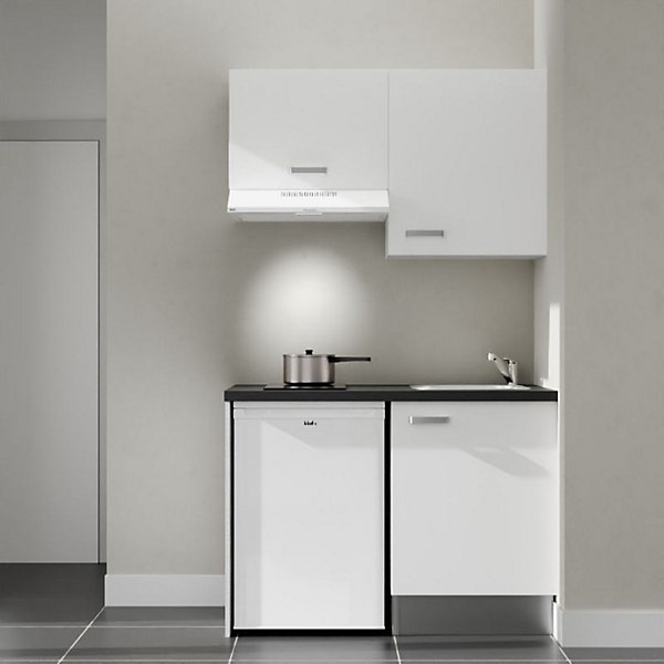 Kitchenette K01 façades Blanc - Plan de travail Noir texturé - Crédences : Non - Evier inox - Electroménager Blanc inclus