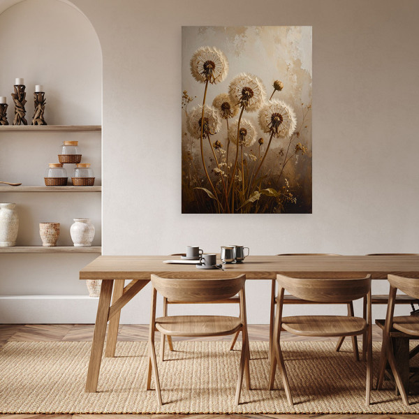 Obraz pionowy do salonu biura kuchni, Dmuchawce kwiaty beżowy 20x30
