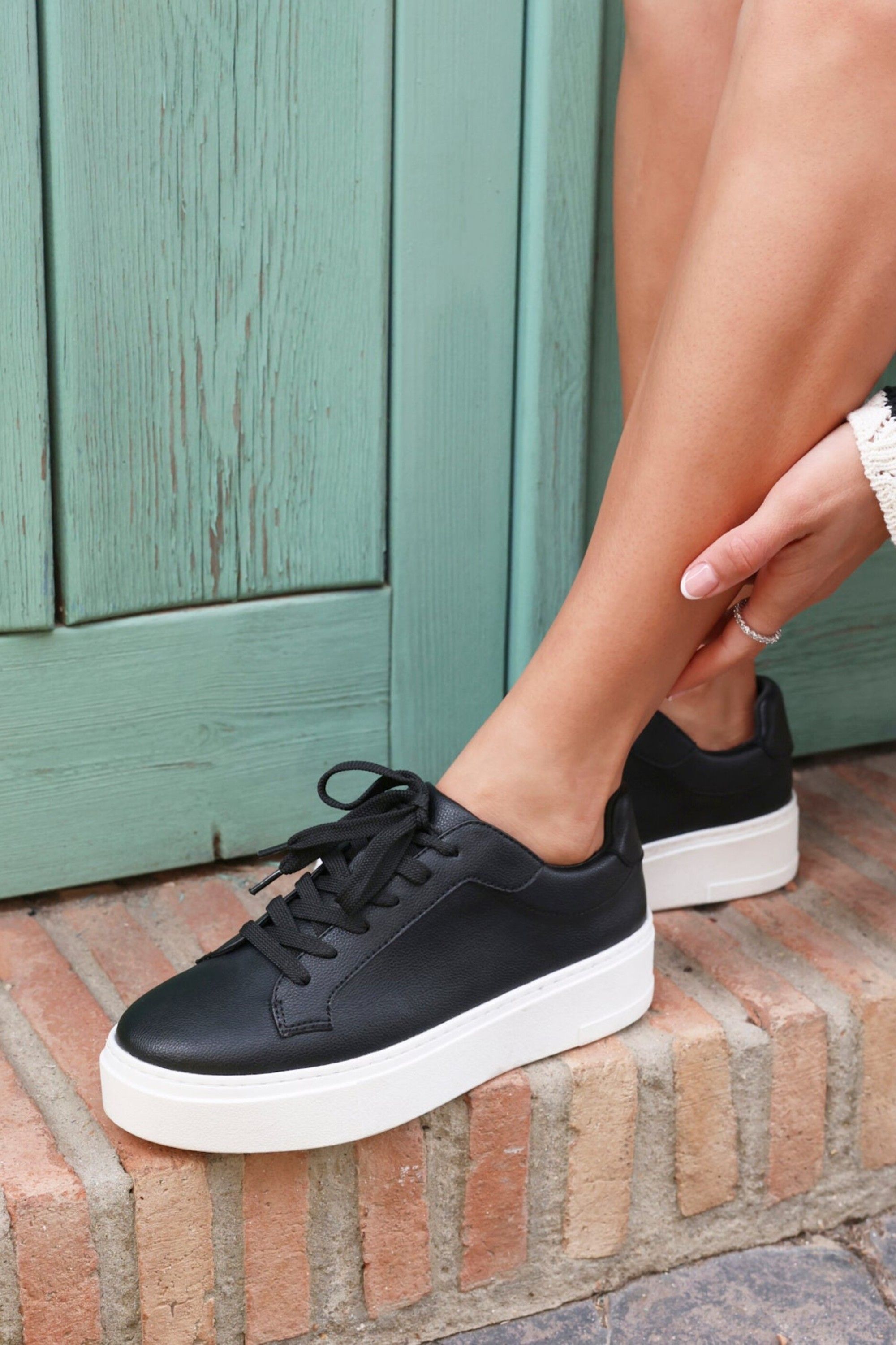 Linzi Jersey Black Faux Leather Trainers