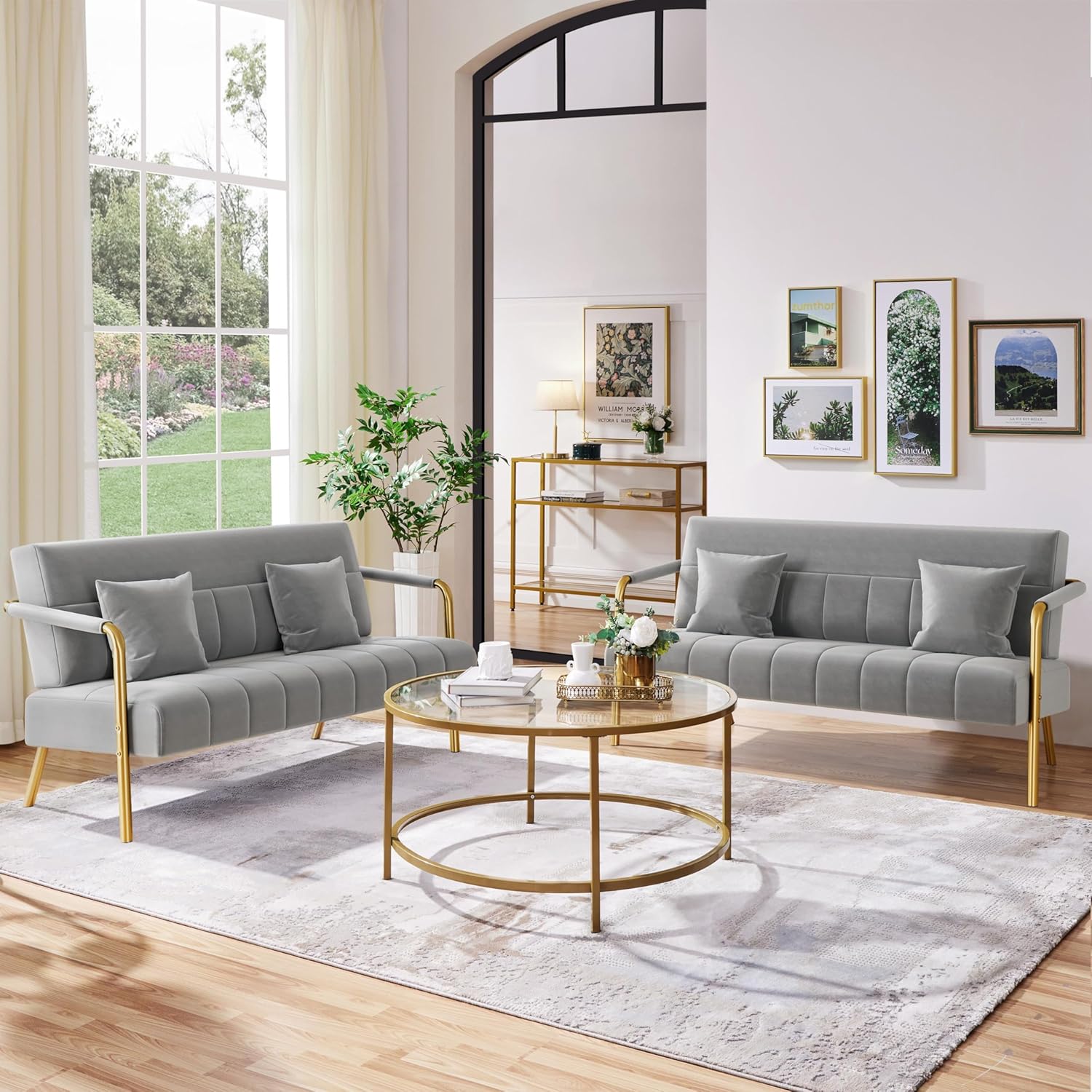 Yaheetech 56.5 W Modern Sofa Small Sofa Luxurious Velvet Fabric Couch with Gold-Tone Metal Arms and Legs for Living Room, Home Office, Studio Light Gray