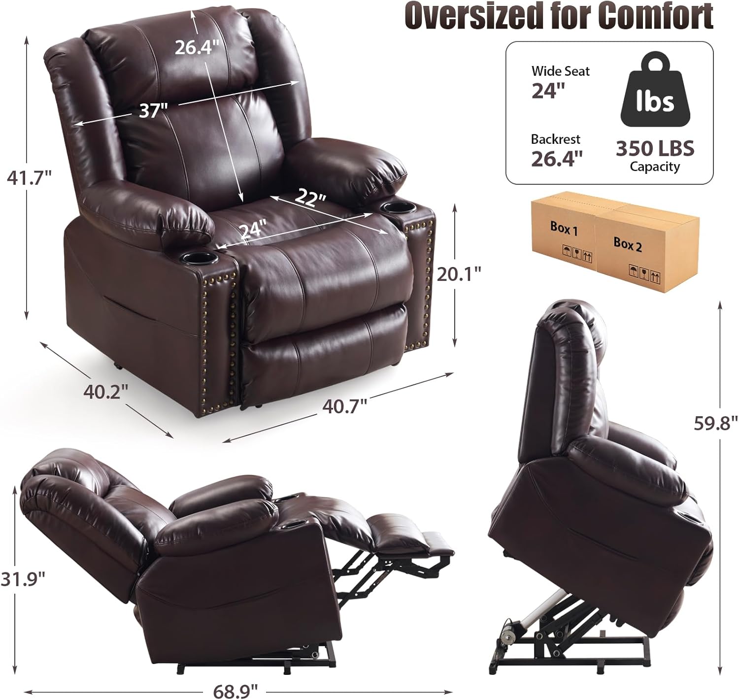 Power Lift Recliner Chair for Elderly, Oversized Leather Lift Chair with Heat and Massage, Dual Motor Zero Gravity Power Recliner Chair with Adjustable Headrest, Cup Holder & USB Port