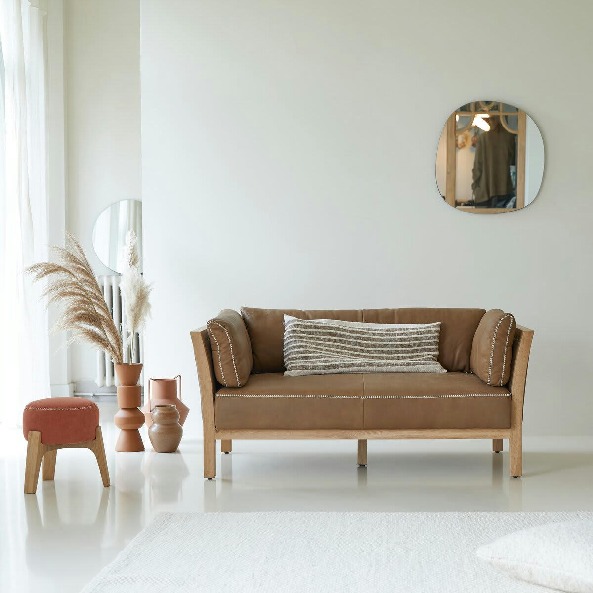 COMOC - Canapé en chêne massif et cuir Cheyenne, 2 places