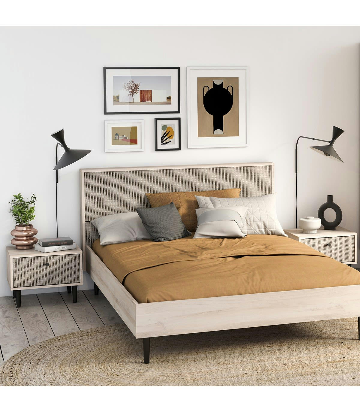 SAÏGON - Chevet 1 tiroir décor chêne kronberg, impression rotin et noir mat