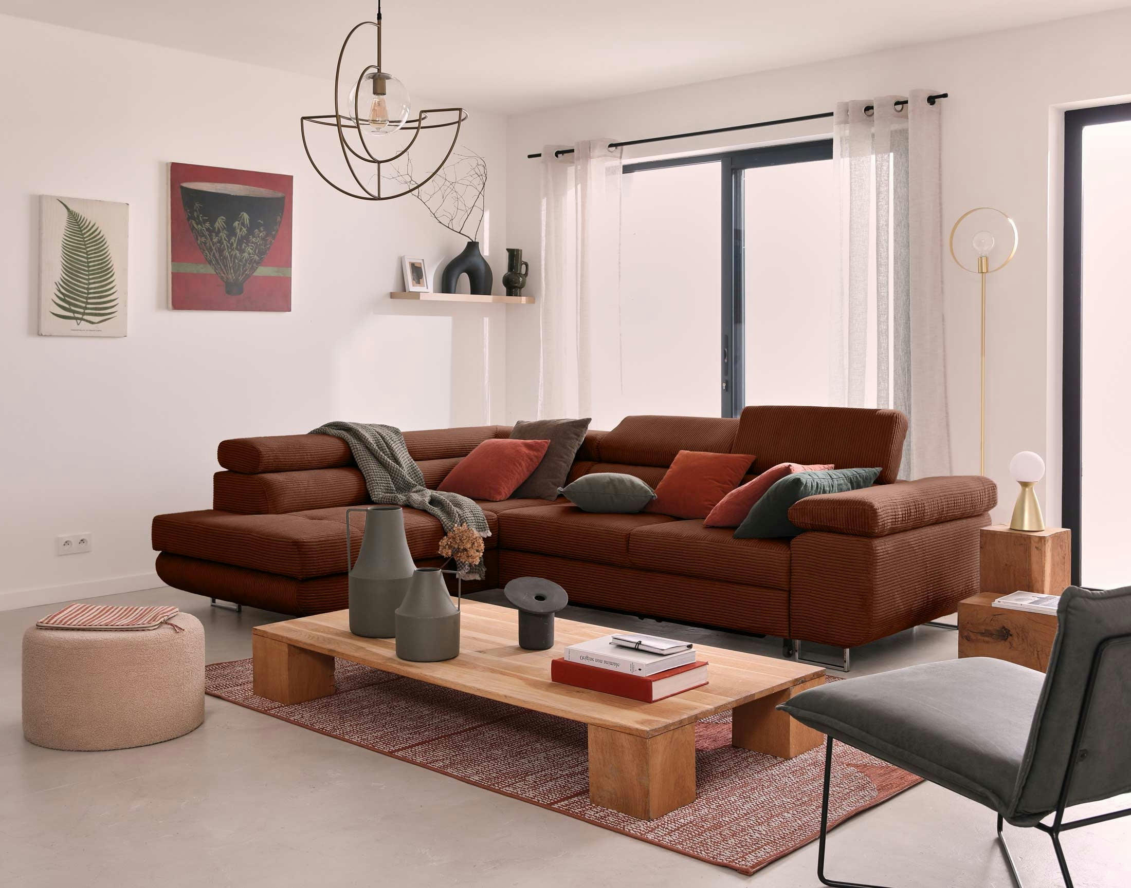 ZARIA - Canapé d'angle gauche convertible 5 places en velours côtelé