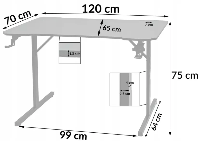 Nowoczesne biurko gamingowe komputerowe do komputera BG100 120x70x75 czarne