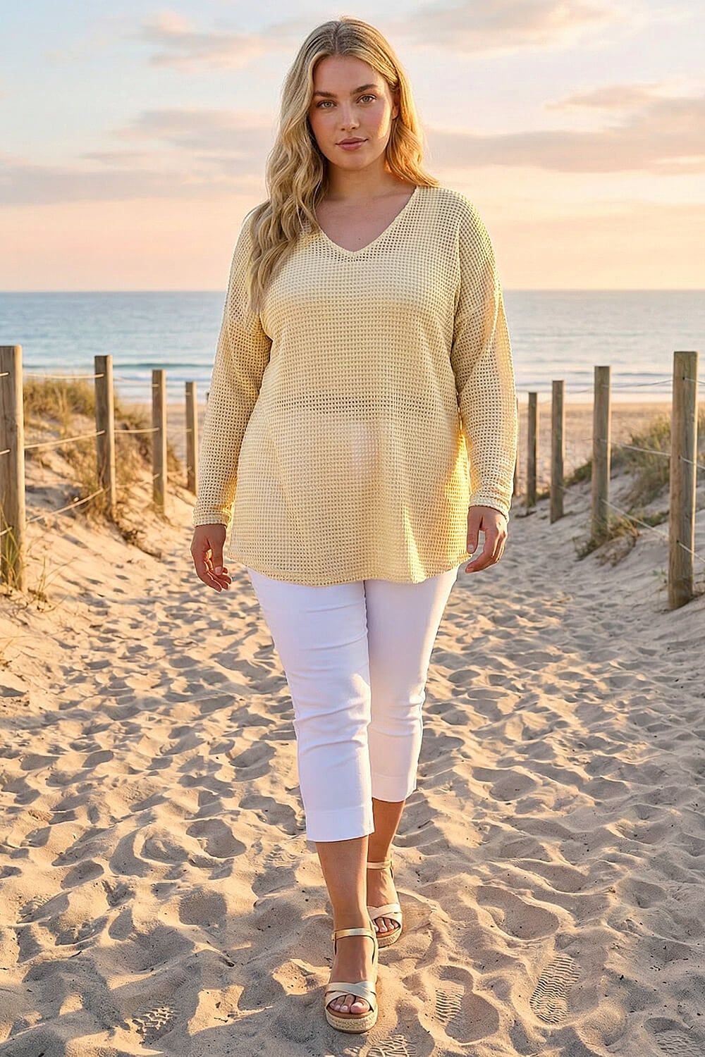 Roman Curve Textured Knit V-Neck Tunic