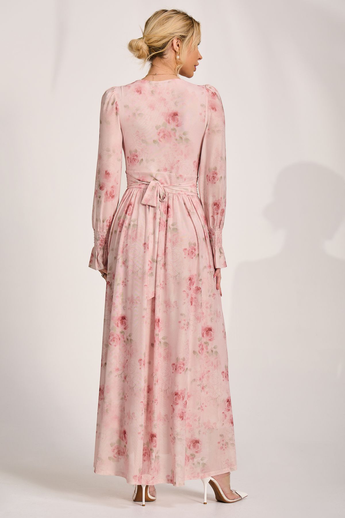 Jolie Moi Long Sleeve V Neck Mesh Maxi Dress