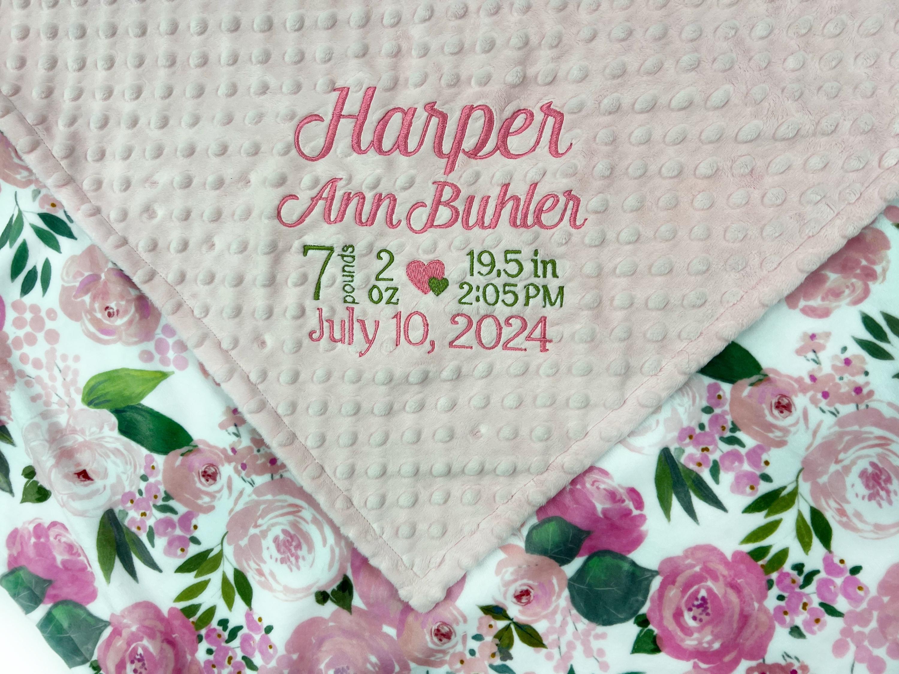 Personalized Blanket in Pink Floral Minky, Baby Girl Blanket with Embroidered Birth Stats