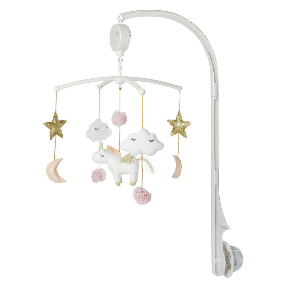 LICORNE - Mobile musical bébé en coton rose, blanc et doré