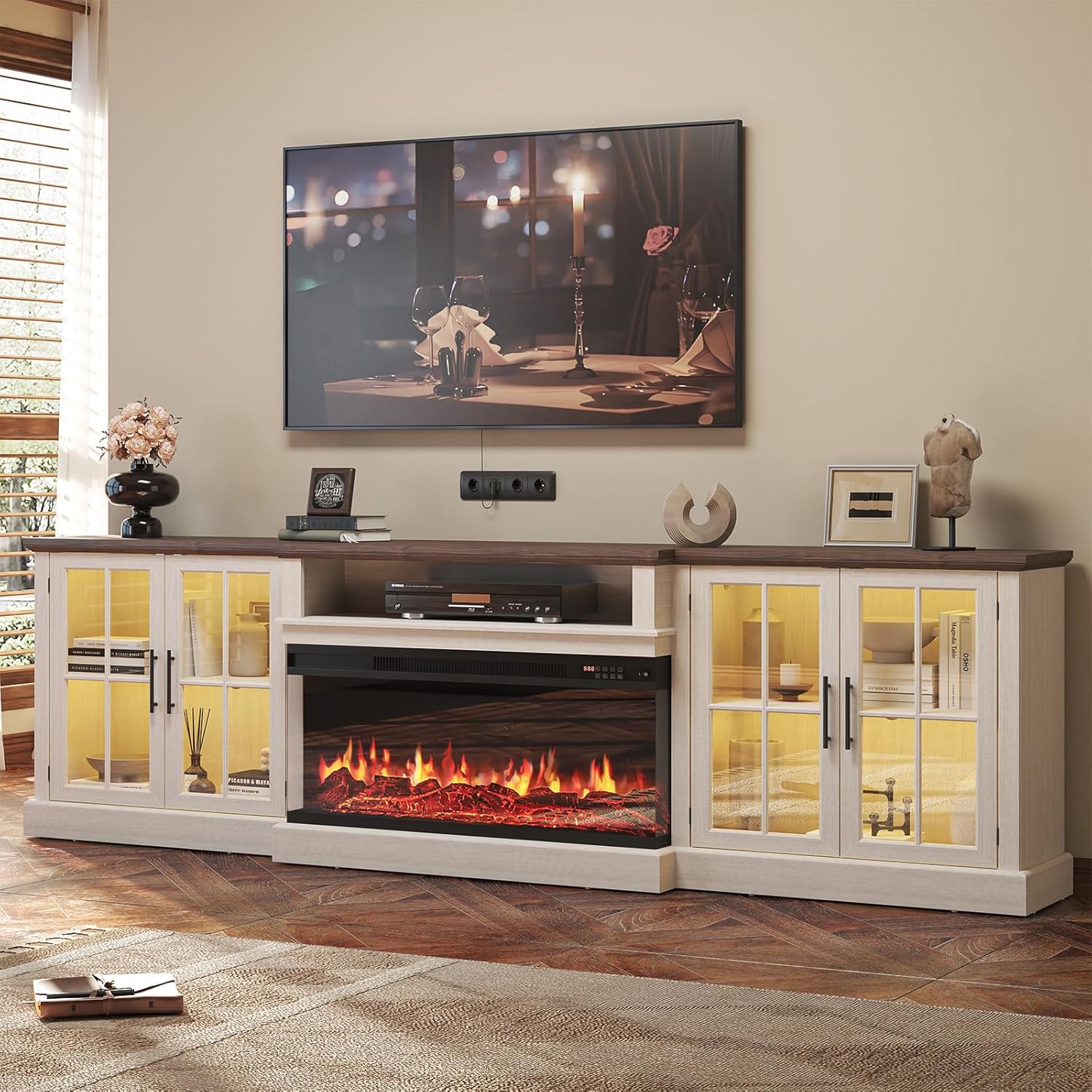 98 Farmhouse TV Stand with 36 Fireplace for TVs up to 100, Media Entertainment Center with Adjustable Shelves and Large Storage Cabinets, for Living Room, White & Black