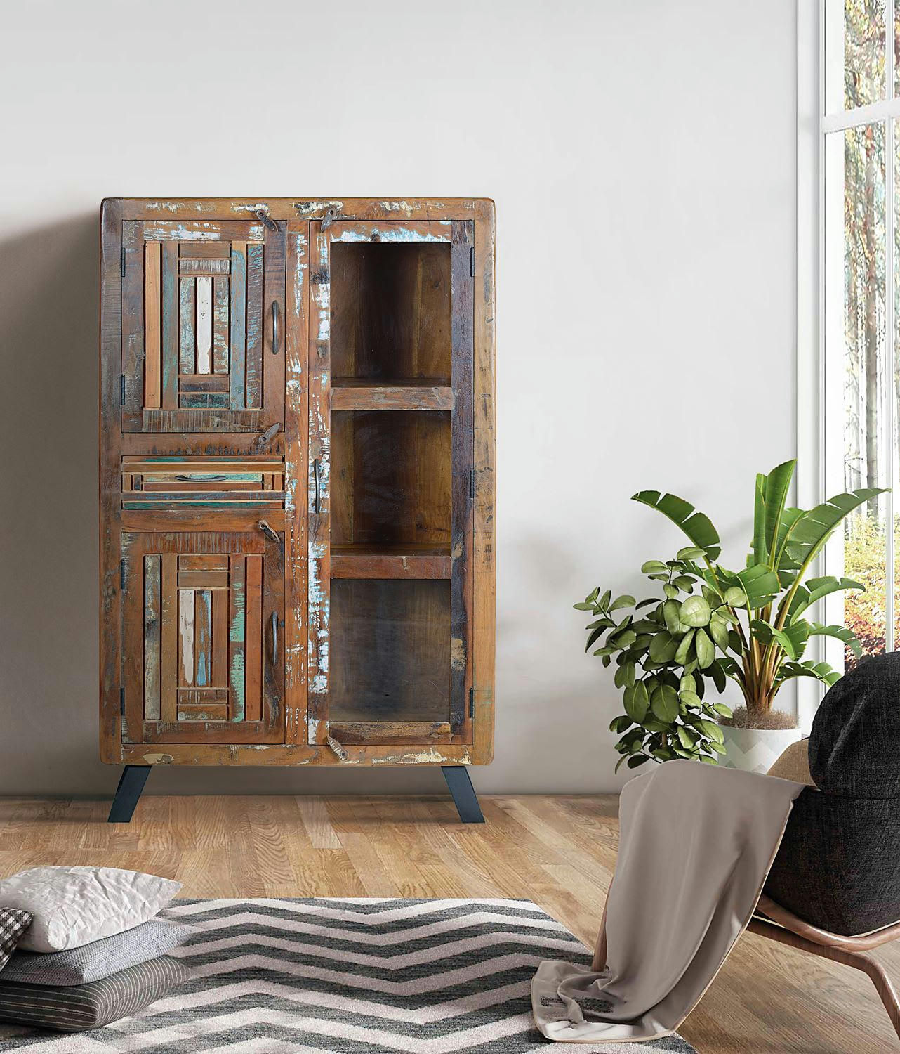 - Vitrine en bois de manguier et pieds en métal multicolore