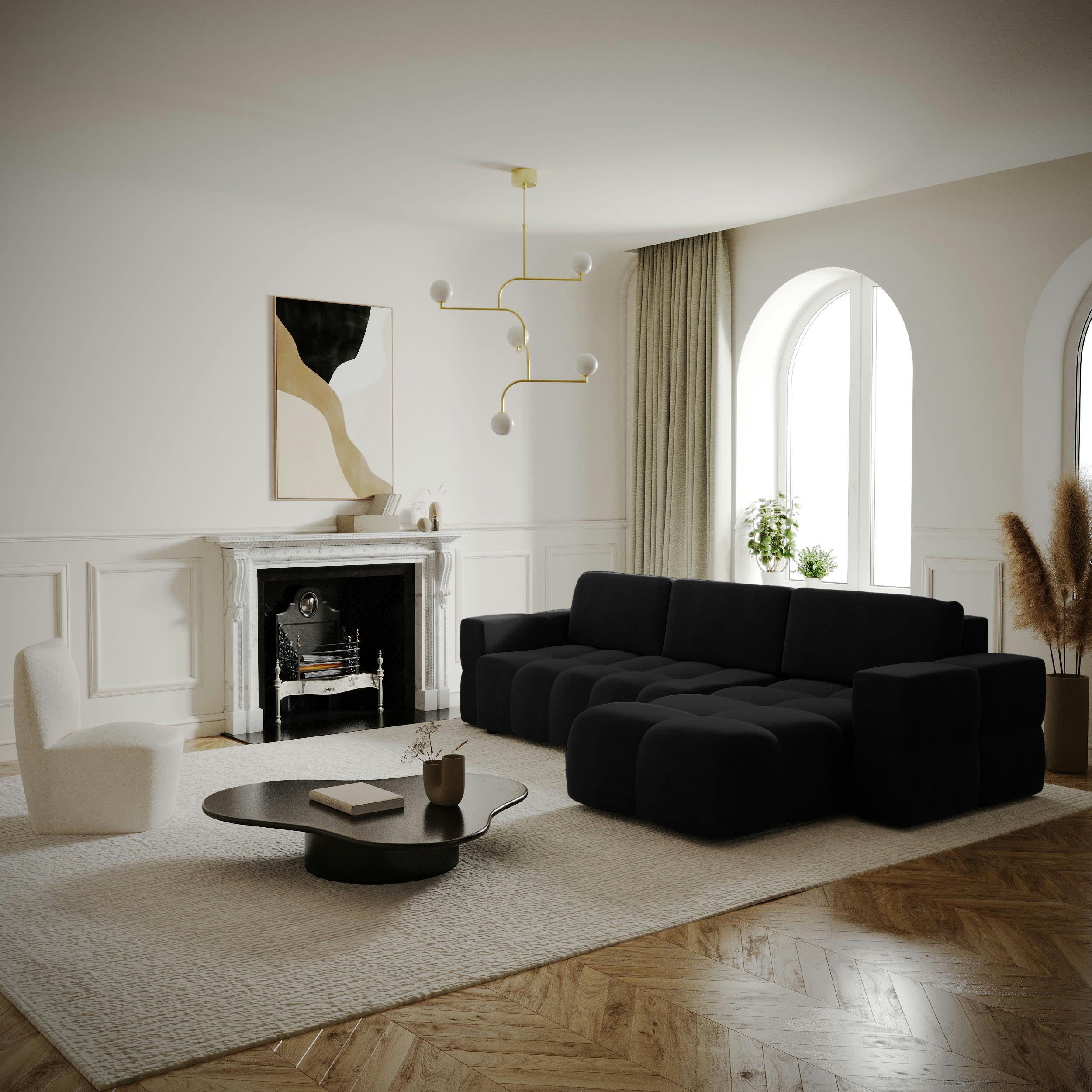 GABRIEL - Canapé d'angle droit convertible coffre velours noir 260x180cm